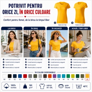 Tricou Damă Basic Free din Bumbac, Guler Rotund, Croială Cambrată, Fără Etichetă, 18 Culori, XS–2XL - Img 4