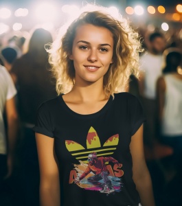 Femeie zâmbitoare cu păr creț, purtând un tricou negru cu un design grafic colorat ce prezintă un skater pe un fundal creativ, pozând la un eveniment în aer liber cu lumini strălucitoare și mulțime în fundal.