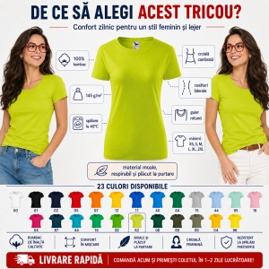 Tricou Damă din Bumbac 100%, Guler Rotund, Slim fit cambrat, XS-2XL, 23 Culori - Img 2