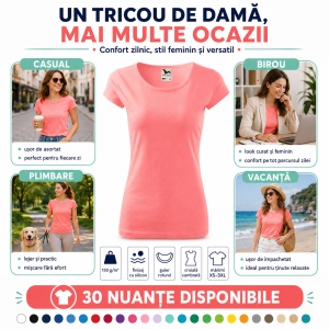 Tricou Damă Simplu cu Guler Rotund, Bumbac 100% – 30 Culori, XS–3XL - Img 6