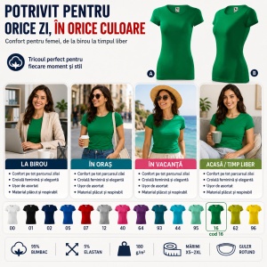 Tricou Damă Slim Fit Elastic, 95% Bumbac și 5% Elastan, Guler Rotund, Mâneci Scurte, 14 Culori, XS–2XL - Img 5