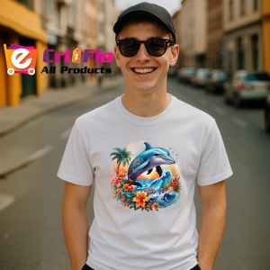 Tricou Delfini sarind in valuri cu flori tropicale Copii | Dama | Barbat - Img 5