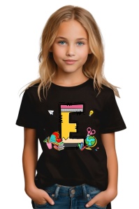 Tricou din bumbac 100% pentru copii, litera E, Back To School, educatie, creioane, carti - Img 3