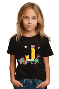 Tricou din bumbac 100% pentru copii, litera J, Back To School, educatie, creioane, carti - Img 2