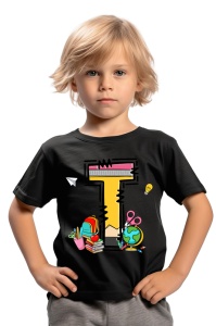 Tricou din bumbac 100% pentru copii, litera T, Back To School, educatie, creioane, carti - Img 2