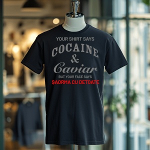 Tricou negru agățat pe un cuier, expus pe o stradă urbană aglomerată, cu text amuzant: 'YOUR SHIRT SAYS COCAINE & CAVIAR BUT YOUR FACE SAYS ȘAORMA CU DE TOATE'.