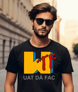 Bărbat purtând ochelari de soare, îmbrăcat într-un tricou negru cu un design grafic amuzant care conține literele mari 'WTF' în culori vibrante galben și roșu, alături de textul 'UAT DĂ FAC'. Fundalul este o stradă urbană cu clădiri în stil clasic.