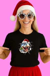 Tricou, dinozaur Cu Fundal Alb Si Crengute Craciun, din bumbac 100% Copii | Dama | Barbat - Img 3