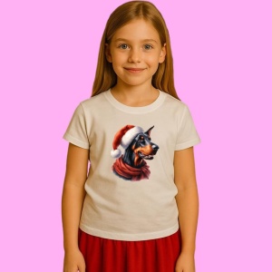 Tricou Doberman Craciun Cu Fular Rosu, din bumbac 100%, tricou alb, Copii | Dama | Barbat - Img 2