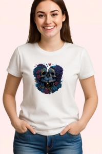 Tricou Doua cranii intr o inima cu trandafiri fundal alb Copii | Dama | Barbat - Img 3