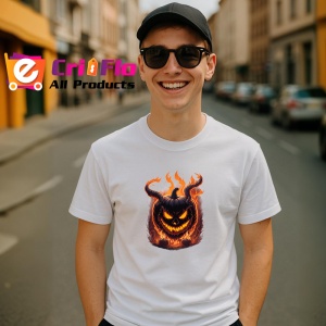 Tricou Dovleac Halloween cu coarne si flacari portocalii Copii | Dama | Barbat - Img 6