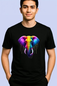 Tricou Elefant in stil pop art cu efecte de curcubeu Copii | Dama | Barbat, culoare negru - Img 2