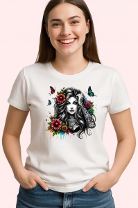 Tricou elegant black hair flower burst, fata cu par negru si explozie florala, Copii | Dama | Barbat - Img 4
