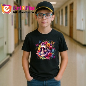 Tricou Floral skull pastel pop, craniu pastel cu explozie florala, Copii | Dama | Barbat , tricou negru - Img 6