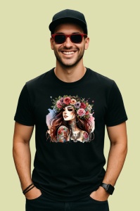 Tricou Flower crown confident girl with tattoos, fata increzatoare cu tatuaje si coronita florala, Copii | Dama | Barbat , tricou negru - Img 4