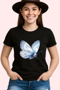 Tricou Fluture alb cu nuante gri design elegant in tonuri neutre Copii | Dama | Barbat, negru