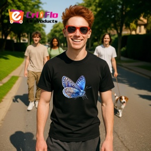 Tricou Fluture albastru cu corp maro stil realist natural Copii | Dama | Barbat, negru - Img 5