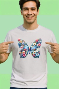 Tricou Fluture albastru cu flori pe aripi grafica vesela Copii | Dama | Barbat Barbat - Img 2
