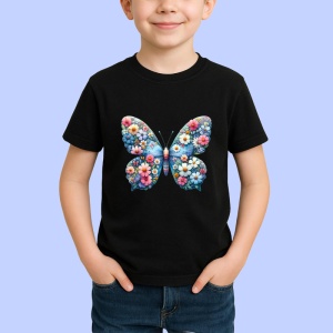 Tricou Fluture albastru cu flori pe aripi grafica vesela Copii | Dama | Barbat, negru - Img 3