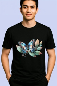Tricou Fluture albastru cu negru pe frunze design decorativ Copii | Dama | Barbat, negru - Img 2
