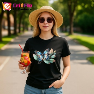 Tricou Fluture albastru cu negru pe frunze design decorativ Copii | Dama | Barbat, negru - Img 10