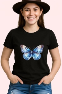 Tricou Fluture albastru deschis cu textura realista si buline Copii | Dama | Barbat, negru - Img 4