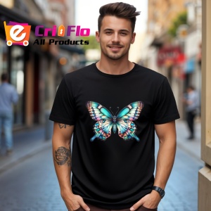 Tricou Fluture albastru pastel cu buline pe aripi design decorativ Copii | Dama | Barbat, negru - Img 6