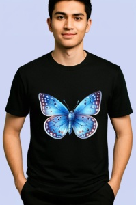 Tricou Fluture albastru pastelat cu buline simetrice Copii | Dama | Barbat, negru - Img 2