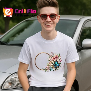 Tricou Fluture albastru pe coronita florala stil romantic decorativ Copii | Dama | Barbat Barbat - Img 6