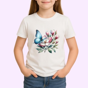 Tricou Fluture albastru pe flori de magnolie compozitie botanica Copii | Dama | Barbat Barbat - Img 4