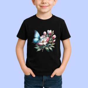 Tricou Fluture albastru pe flori de magnolie compozitie botanica Copii | Dama | Barbat, negru - Img 3
