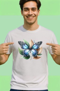 Tricou Fluture albastru pe frunze bej grafica decorativa Copii | Dama | Barbat Barbat - Img 2