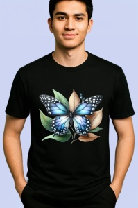 Tricou Fluture albastru pe frunze bej grafica decorativa Copii | Dama | Barbat, negru - Img 2