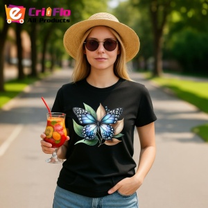 Tricou Fluture albastru pe frunze bej grafica decorativa Copii | Dama | Barbat, negru - Img 10