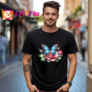 Tricou Fluture albastru pe trandafir roz compozitie romantica Copii | Dama | Barbat, negru - Img 5