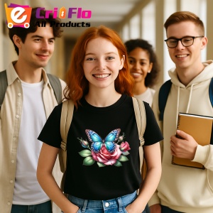 Tricou Fluture albastru pe trandafir roz compozitie romantica Copii | Dama | Barbat, negru - Img 11