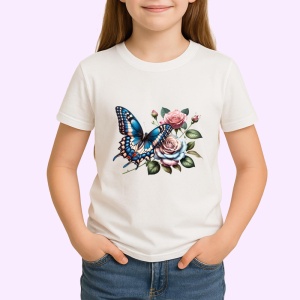 Tricou Fluture albastru pe trandafiri roz compozitie romantica Copii | Dama | Barbat Barbat - Img 4