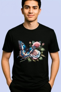 Tricou Fluture albastru pe trandafiri roz compozitie romantica Copii | Dama | Barbat, negru - Img 2