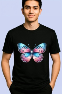 Tricou Fluture albastru si roz cu buline simetrice pastelate Copii | Dama | Barbat, negru - Img 2