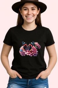 Tricou Fluture negru cu roz pe flori mari de lotus stil luxos Copii | Dama | Barbat Barbat - Img 7