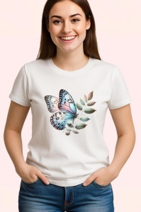 Tricou Fluture pastel albastru si roz pe frunze bej Copii | Dama | Barbat Barbat - Img 3