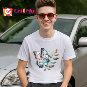 Tricou Fluture pastel albastru si roz pe frunze bej Copii | Dama | Barbat Barbat - Img 9