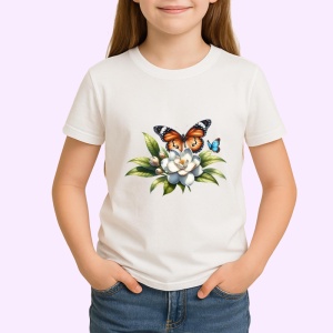 Tricou Fluture portocaliu pe floare alba stil floral delicat Copii | Dama | Barbat Barbat - Img 4