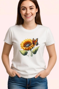 Tricou Fluture portocaliu pe floare de floarea soarelui desen rustic Copii | Dama | Barbat Barbat - Img 3
