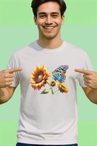 Tricou Fluture portocaliu pe floare de floarea soarelui ilustrativ Copii | Dama | Barbat Barbat - Img 2