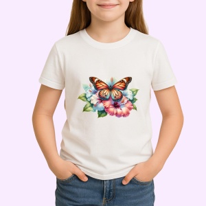 Tricou Fluture portocaliu pe hibiscus stil exotic feminin Copii | Dama | Barbat Barbat - Img 4