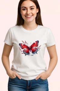 Tricou Fluture rosu cu alb si flori ilustrate desen dinamic Copii | Dama | Barbat Barbat - Img 3