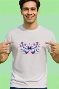 Tricou Fluture roz albastru cu flori decorative stil eteric Copii | Dama | Barbat Barbat - Img 2