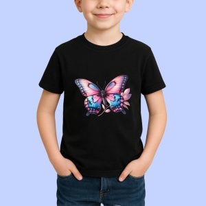 Tricou Fluture roz pastel cu albastru pe fundal floral Copii | Dama | Barbat Barbat - Img 6