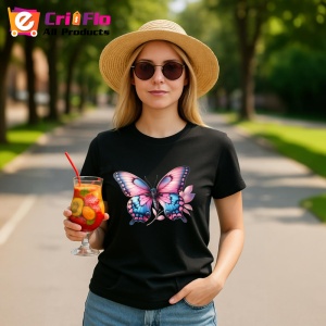 Tricou Fluture roz pastel cu albastru pe fundal floral Copii | Dama | Barbat Barbat - Img 22
